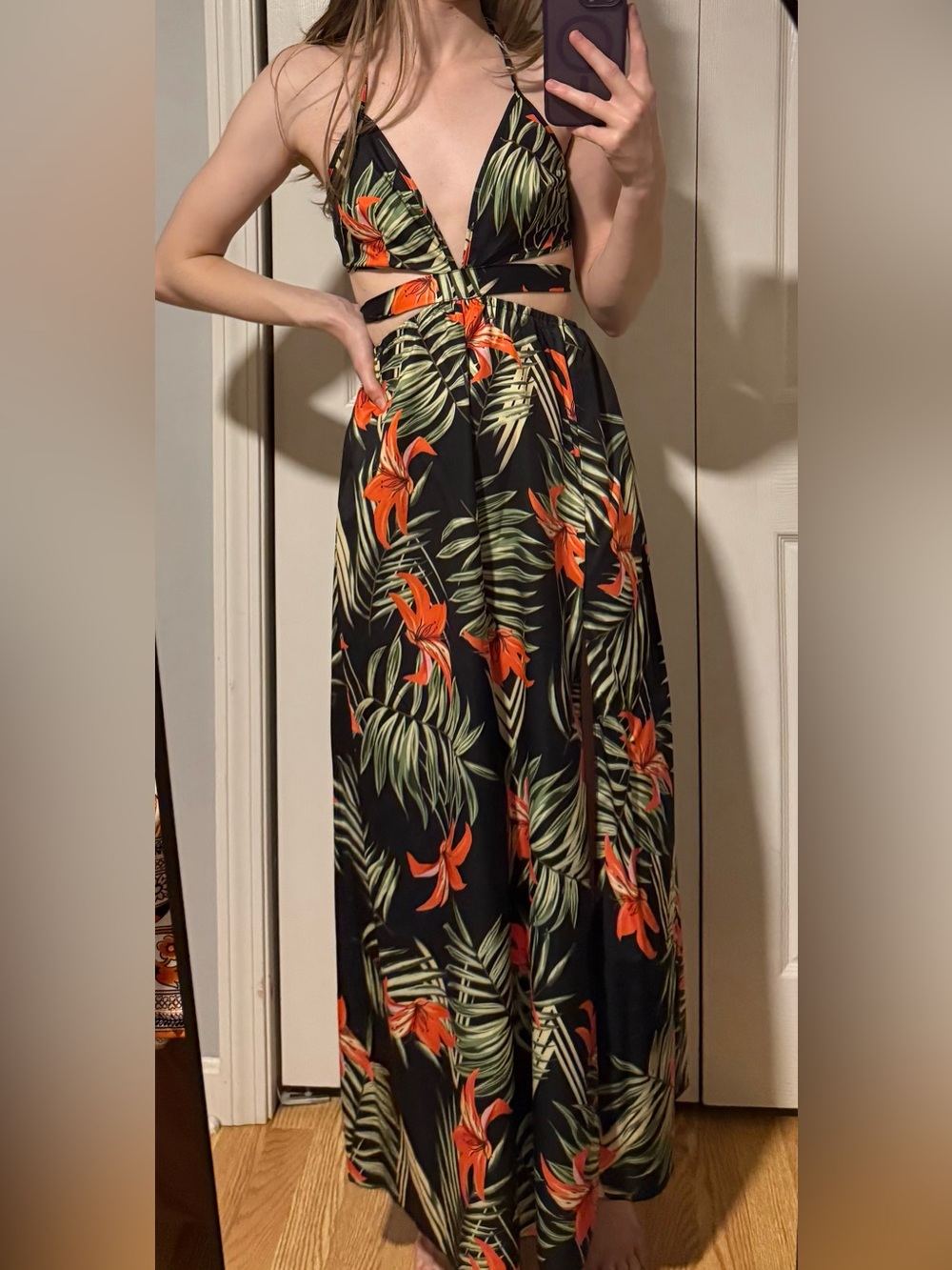 SHEIN Black Maxi Dress with Orange Floral & Green Leaf Print